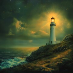 Naklejka premium Lighthouse stands on a cliff illuminated against a stormy dark