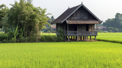 Obraz premium charming wooden Thai village house with steep roof stands in lush green fields