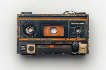 Weathered vintage cassette player nostalgic retro design aged orange accents showing time s passage isolated on transparent background
