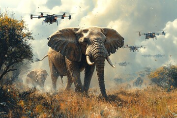 Fototapeta premium Vivid Illustration of Drone-Powered Wildlife Conservation in Action