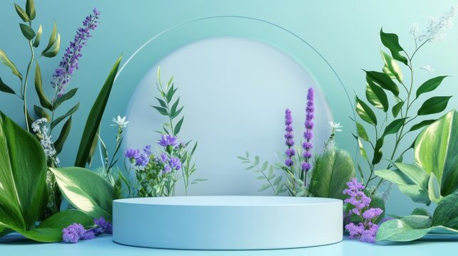 Pastel podium surrounded by plants, product display, light teal background - Powered by Adobe