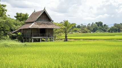 Obraz premium charming wooden Thai village house with steep roof stands by lush green rice fields