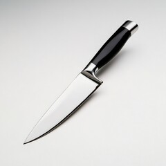 Obraz premium A gleaming stainless steel chef's knife with a sleek black handle rests on a pristine white surface showcasing its blade and elegant design perfect for professional culinary