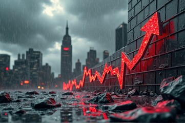 Red arrow chart on wall in rainy urban skyline