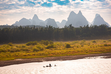 Li river landscape in rural China with karst hills