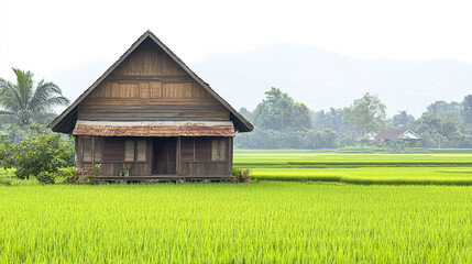 Obraz premium charming wooden Thai village house with steep roof in lush green fields