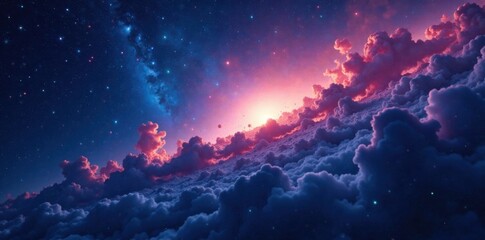 Naklejka premium Cosmic nebulae shining brightly against a dark blue sky with countless stars and planets visible , night sky, space, celestial