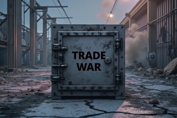 Industrial landscape with secure metal safe and trade war concept