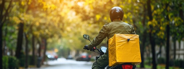 Motorbike delivery man wearing greeen uniform and ready to send food. Delivering Food. Delivery beautiful man of take away with isothermal food yellow case box driving find home. Express food delivery