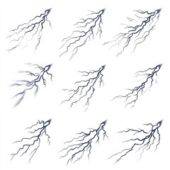 Fototapeta premium A collection of nine unique lightning bolt illustrations. Each design features a distinct branching pattern, conveying powerful energy and dynamic movement. Ideal for game design or graphic assets.
