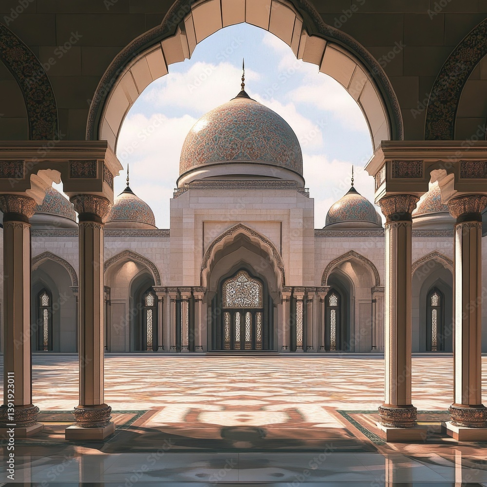 Poster mosque with dome seen through archway with columns in sunlight.