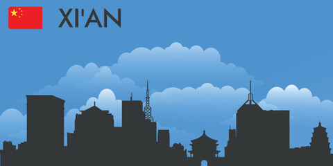 Black silhouette of the city of Xi'an, China on the background of blue sky and big blue clouds. Vector flag of the country and text with the name of the city