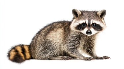 Raccoon sitting, studio shot, against white background, for wildlife collection