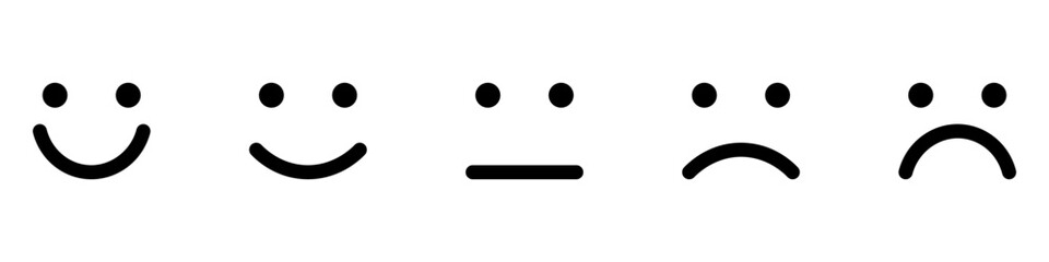 Emoji faces representing a satisfaction rating scale from happy to sad, used for feedback and surveys.