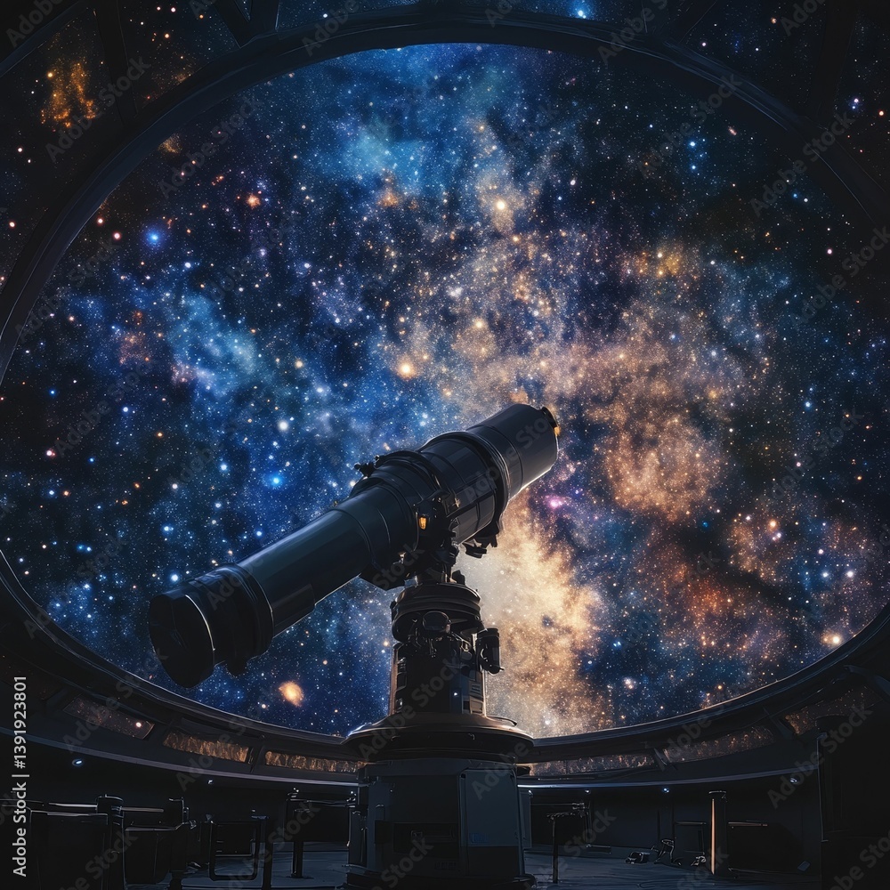 Poster silhouette of person using telescope looking at colorful nebula in
