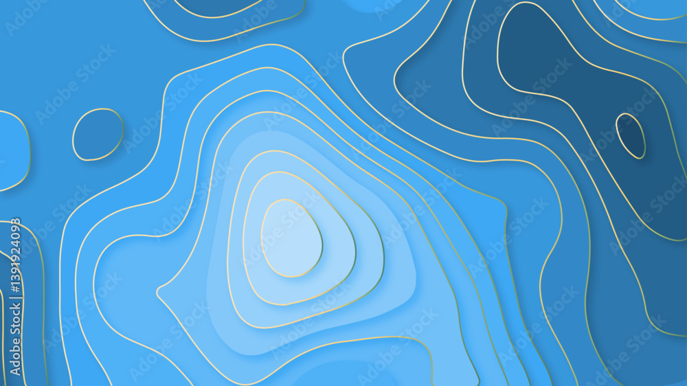 Poster blue paper cut background with 3d topographic contour lines. blue gradient abstract background for b