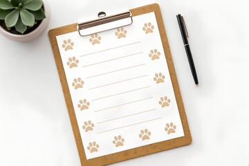 Playful mockup of a pet adoption certificate on a clipboard, decorated with paw prints. Perfect for shelters or pet events.