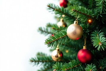 Evergreen tree branches with festive greenery and ornaments against white background , winter, foliage, decoration