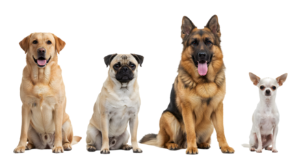 Four Popular Dog Breeds Sitting Together – Labrador, Pug, German Shepherd, Chihuahua – Cute Pet Portrait on White Background