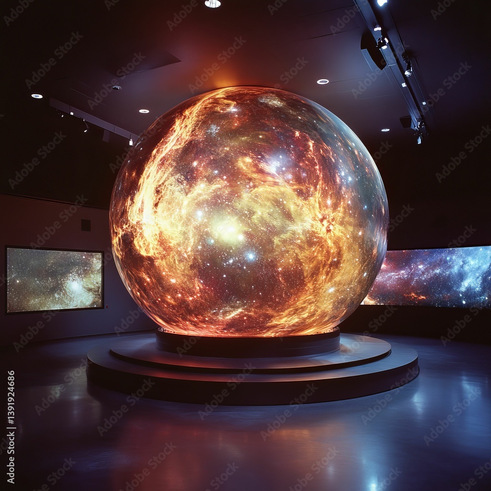 Poster illuminated spherical display inside a dark room with reflective floor