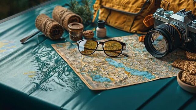 Adventure awaits Map, camera, & travel essentials