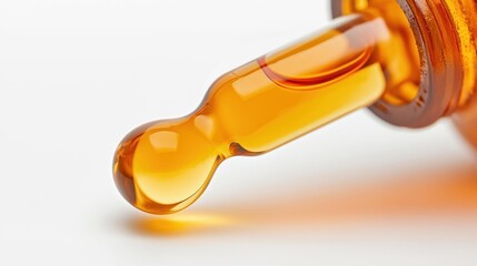 Fototapeta premium Close-up of a droplet of amber-colored liquid being poured from a brown glass bottle. the droplet is in the shape of a drop and is slightly tilted to the right.