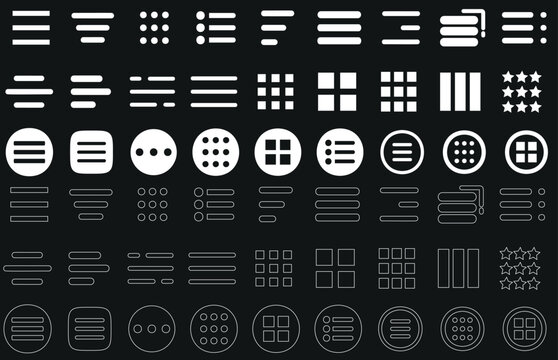 Hamburger menu icon set featuring minimal, modern UI navigation symbols. Perfect for app, web, and responsive design. Includes grid, list, dot, and line layout variations in editable formats