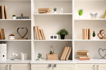 Shelves with books, houseplants and stylish decor, closeup