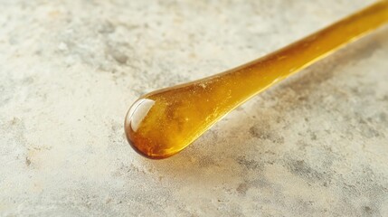 Close-up of a droplet of honey on a wooden spoon. the droplet is in the center of the image and is slightly tilted to the right.