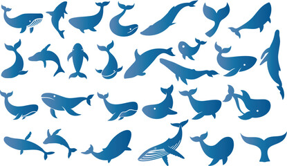 Whale silhouette set featuring various whale shapes, tails, and fins. ocean animal vector collection for marine life designs, aquatic themes, logos, and educational or creative projects