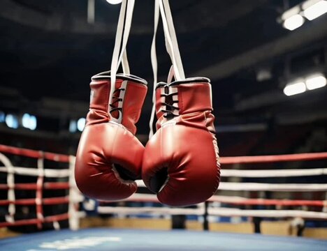Boxing gloves hanging on the boxing ring
