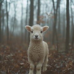 Naklejka premium Shepherd Runs to Rescue Lost Lamb in Misty Forest with Soft Lighting