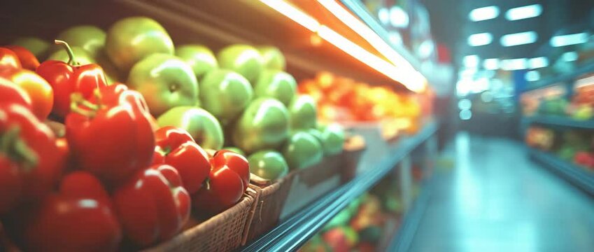 Ripe veggies on store racks with a blurred food sales background