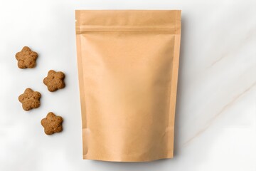 Mockup of a blank kraft pouch surrounded by small dog treats, ideal for pet food packaging design.