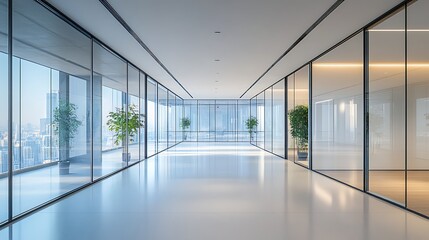 modern business space featuring minimalist design with glass wall partitions bright natural light and open floor plan in an empty office layout