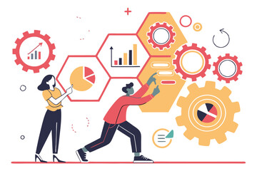 Creative Teamwork and Data Visualization in Modern Digital Workspace – Flat Abstract Vector Illustration.