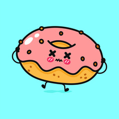 A friendly and expressive donut character is illustrated in a cute and simple cartoon style against a blue backdrop.