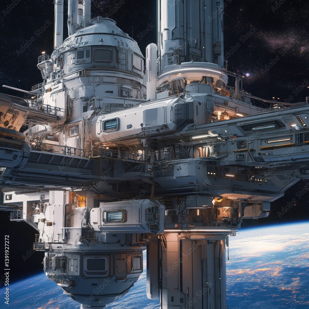 Poster a space station orbits earth with complex structures and bright