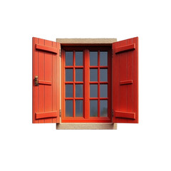 Obraz premium Open Red Wooden Window Shutters with Paned Window