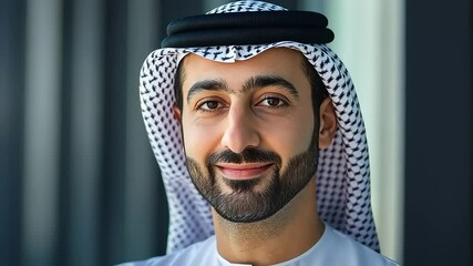 Portrait of a smiling man in traditional attire, set against a modern architectural backdrop