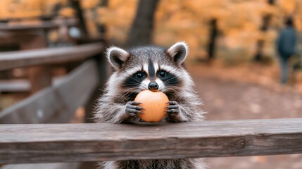 Fototapeta premium A cute raccoon with curious eyes munches on a juicy apple while resting on a wooden table in front of a cozy cabin