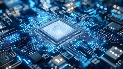 Close-up of a microchip with intricate circuitry and glowing blue light effects.