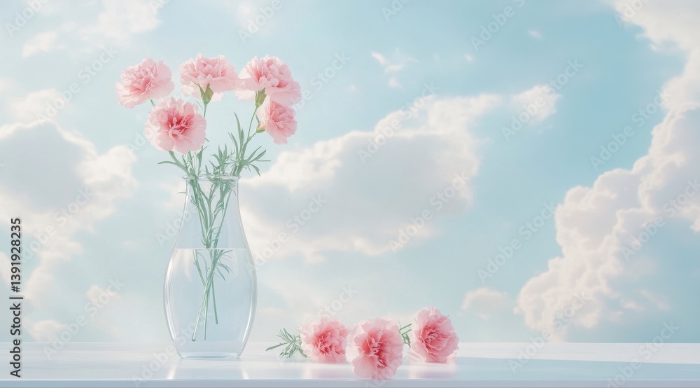 Poster a vase of pink flowers sits on a table in front of a blue sky. the flowers are arranged in a way tha