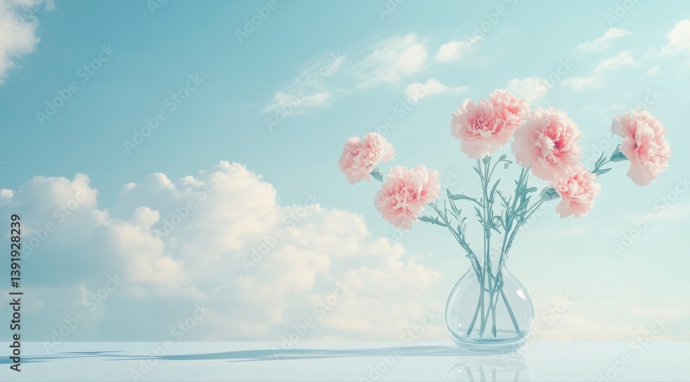 Poster a vase of pink flowers sits on a table in front of a blue sky. the flowers are arranged in a way tha