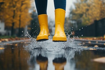 A woman in yellow rain boots is jumping in the rain. Concept of joy and playfulness as the woman embraces the wet weather