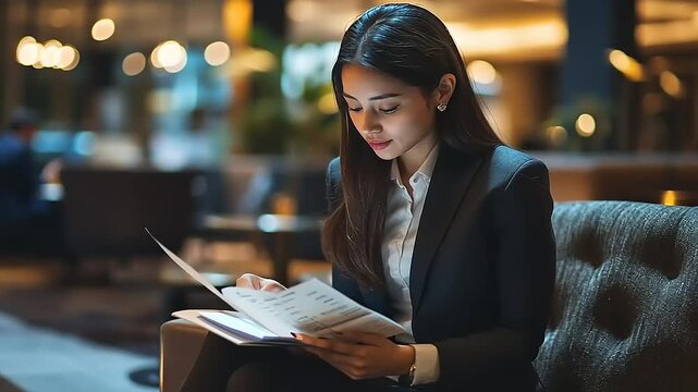 Professional woman reading a menu in a stylish hotel lounge with soft lighting and elegant decor