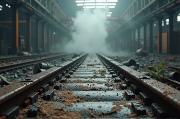Fototapeta premium Abandoned industrial train tracks in misty warehouse interior