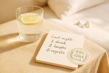 Morning Scene With Lemon Water And “99% Sober Club” Note On Cozy Bedside. Concept For Damp Drinking, Zebra Striping Lifestyle, Mindful Celebrations, Wellness Culture, And Alcohol Moderation Trend