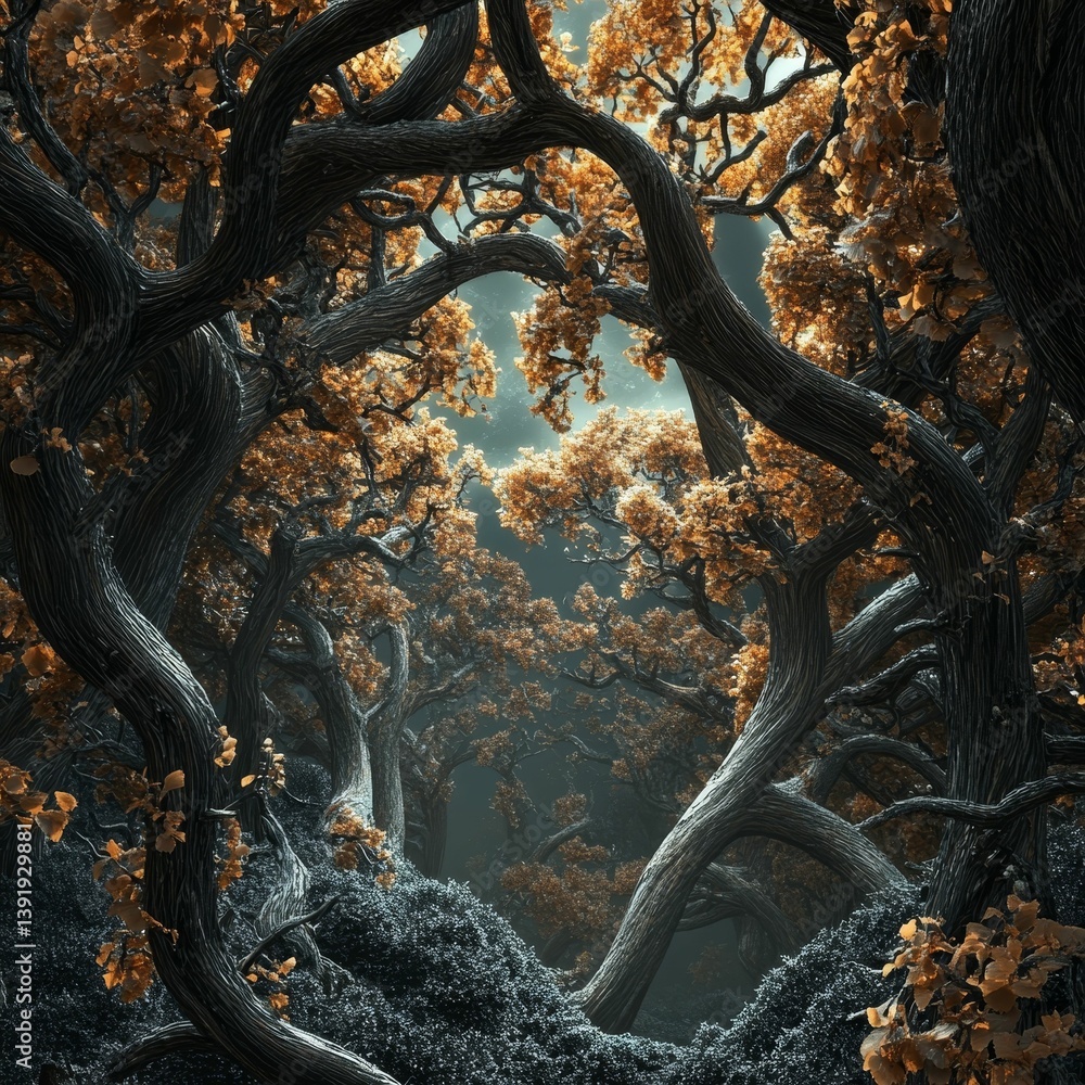 Poster dark twisted tree branches form a tunnel in a forest