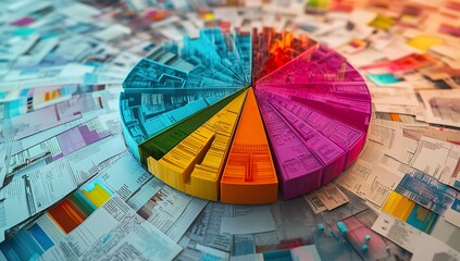 Fototapeta premium Colorful pie chart on abstract background with data points and graphs, depicting financial performance and market trends in business history, bright reds, yellows, blues for progress and success,